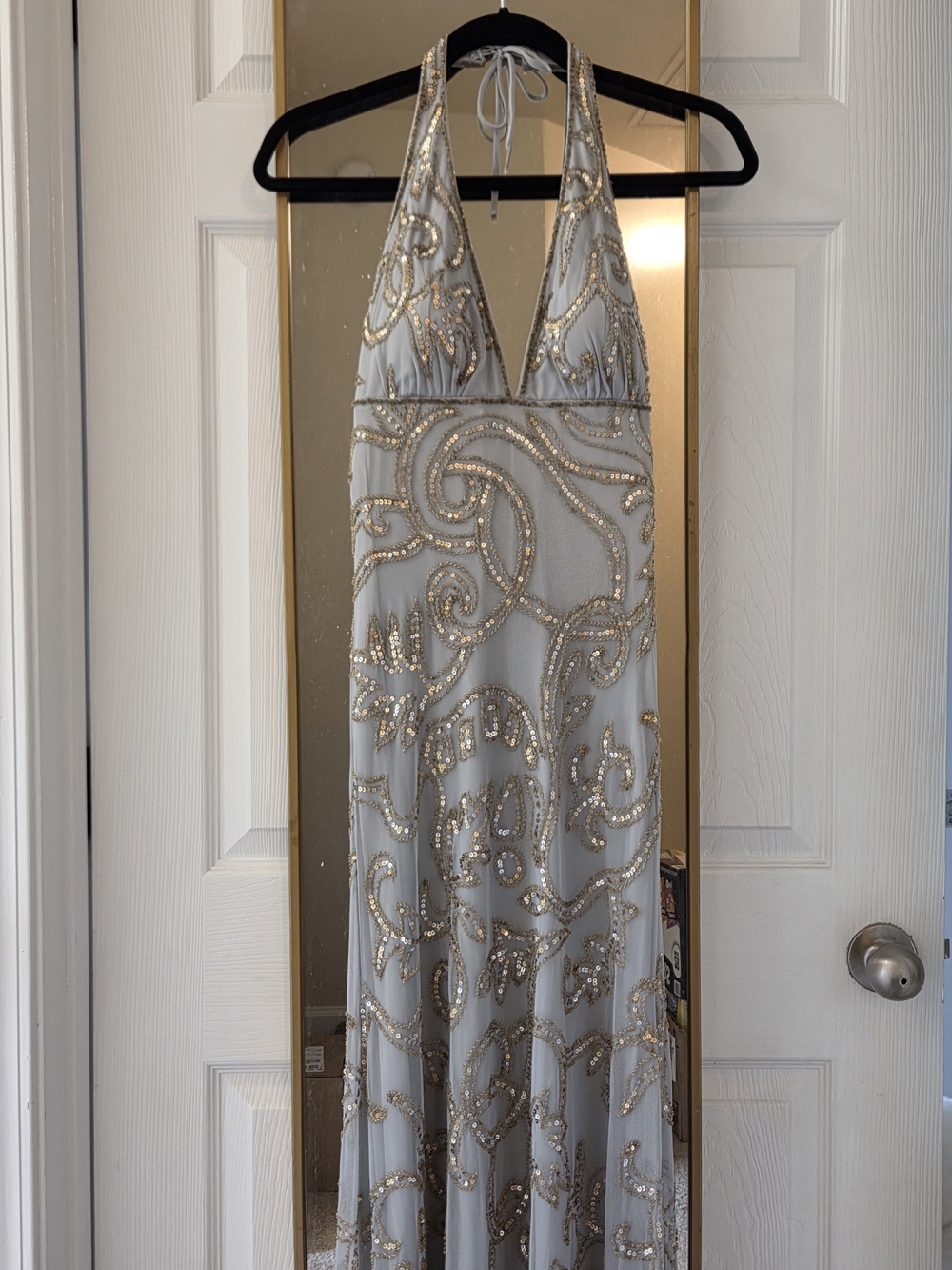 Sequin Beaded Halter Evening Gown in Light Gray and Gold Formal Prom Ball XS